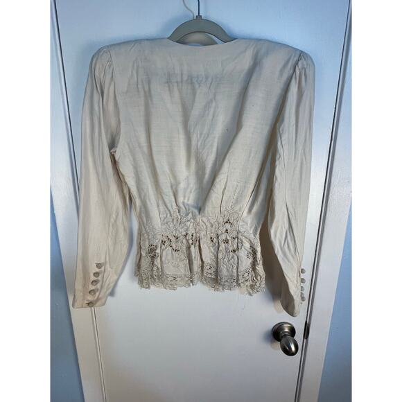 VTG Linen Battenburg Lace Skirt Suit XS Cream Embroidered Floral Lace Boho Flaws - Picture 5 of 14